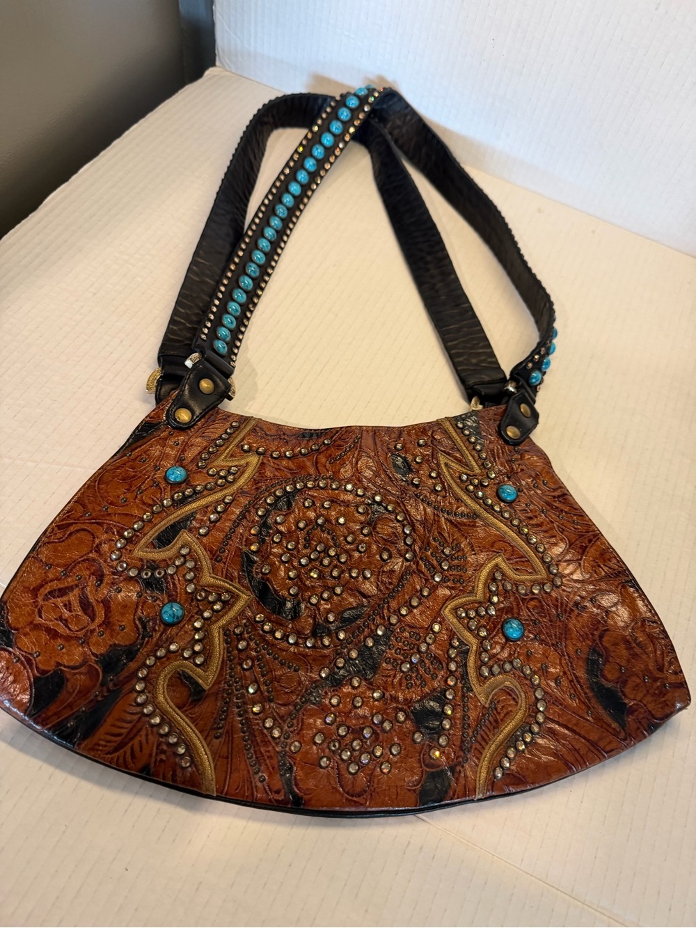 Kippys Coronado Calif,Swarovski Crystal Hand Tooled Leather Shoulder Bag Rare